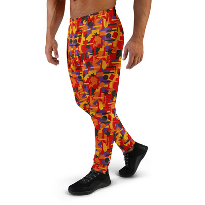 Colorful geometric-patterned pants worn by a person on a white background