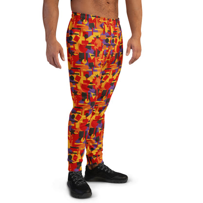 Multicolored geometric patterned pants worn by a person on a white background
