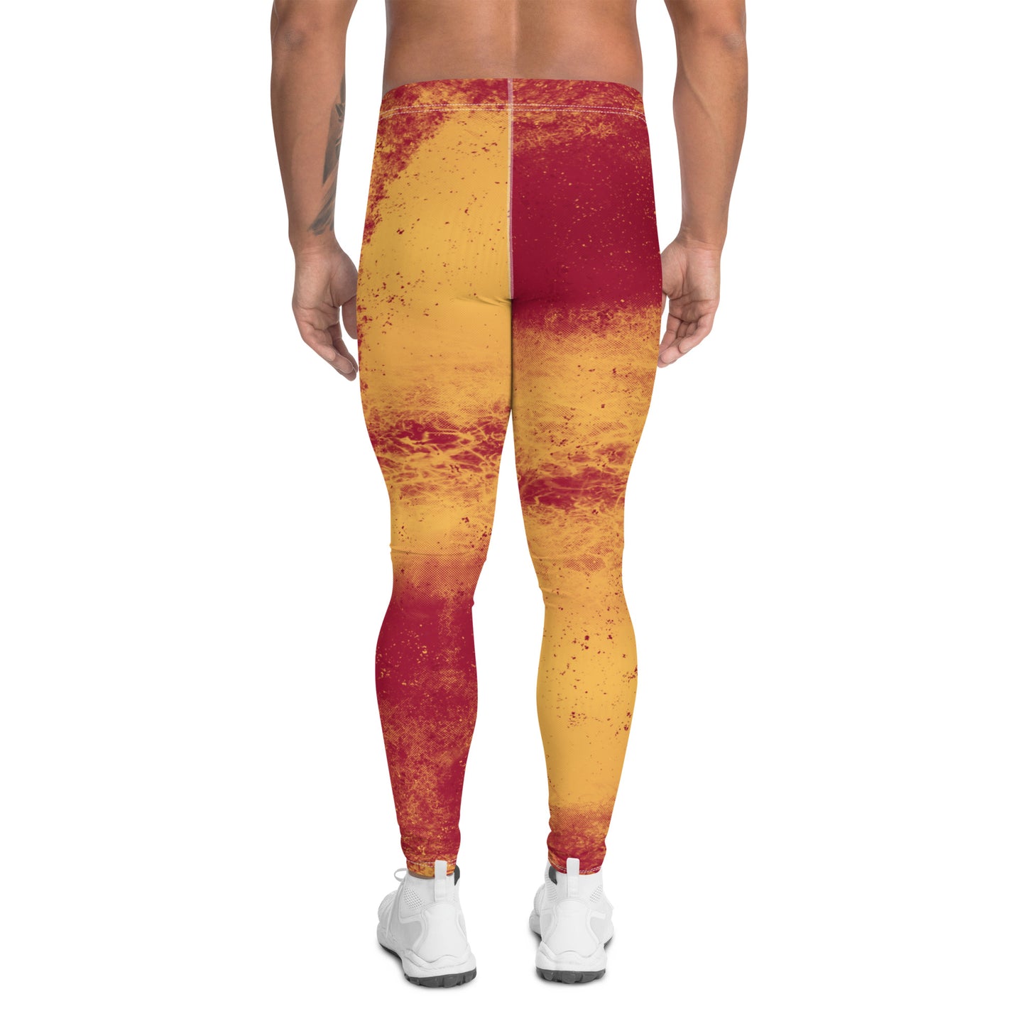 Orange and red mens Leggings Pro Wrestling Gear, Yellow Leggings, Patterned Orange Pants, Workout Meggings, Spandex Gym Leggings, 80s Kitsch Red Tights in abstract all-over design