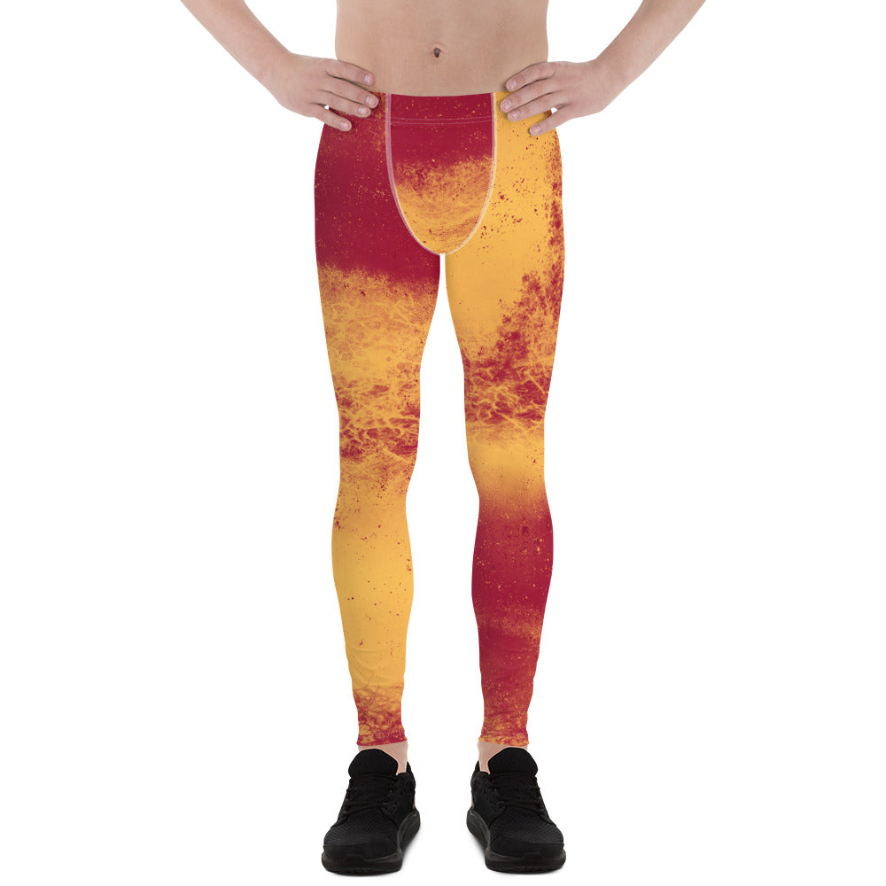 Orange and red mens Leggings Pro Wrestling Gear, Yellow Leggings, Patterned Orange Pants, Workout Meggings, Spandex Gym Leggings, 80s Kitsch Red Tights in abstract all-over design