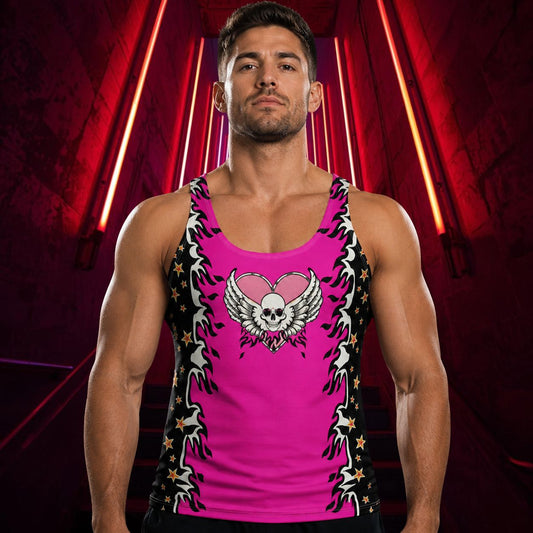 Man wearing a pink tank top with a skull and heart design against a red stairwell background