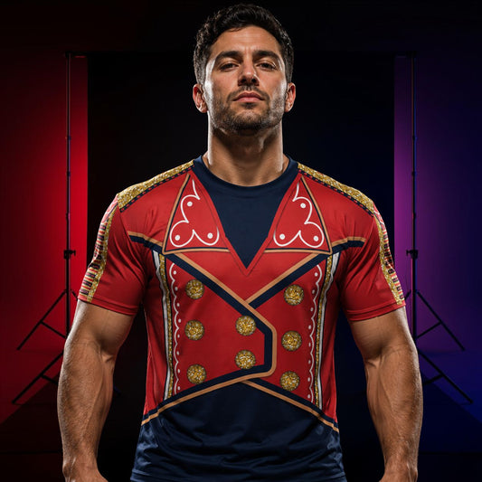 Man wearing a red and gold wrestling cosplay printed t-shirt in a patriotic all American hero design in red, navy and gold against a dark background