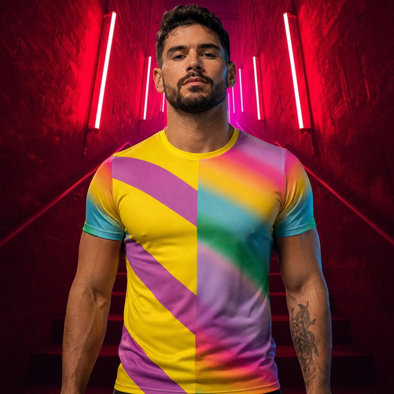 man wearing a yellow pastel diagonal striped athletic t-shirt in a split design