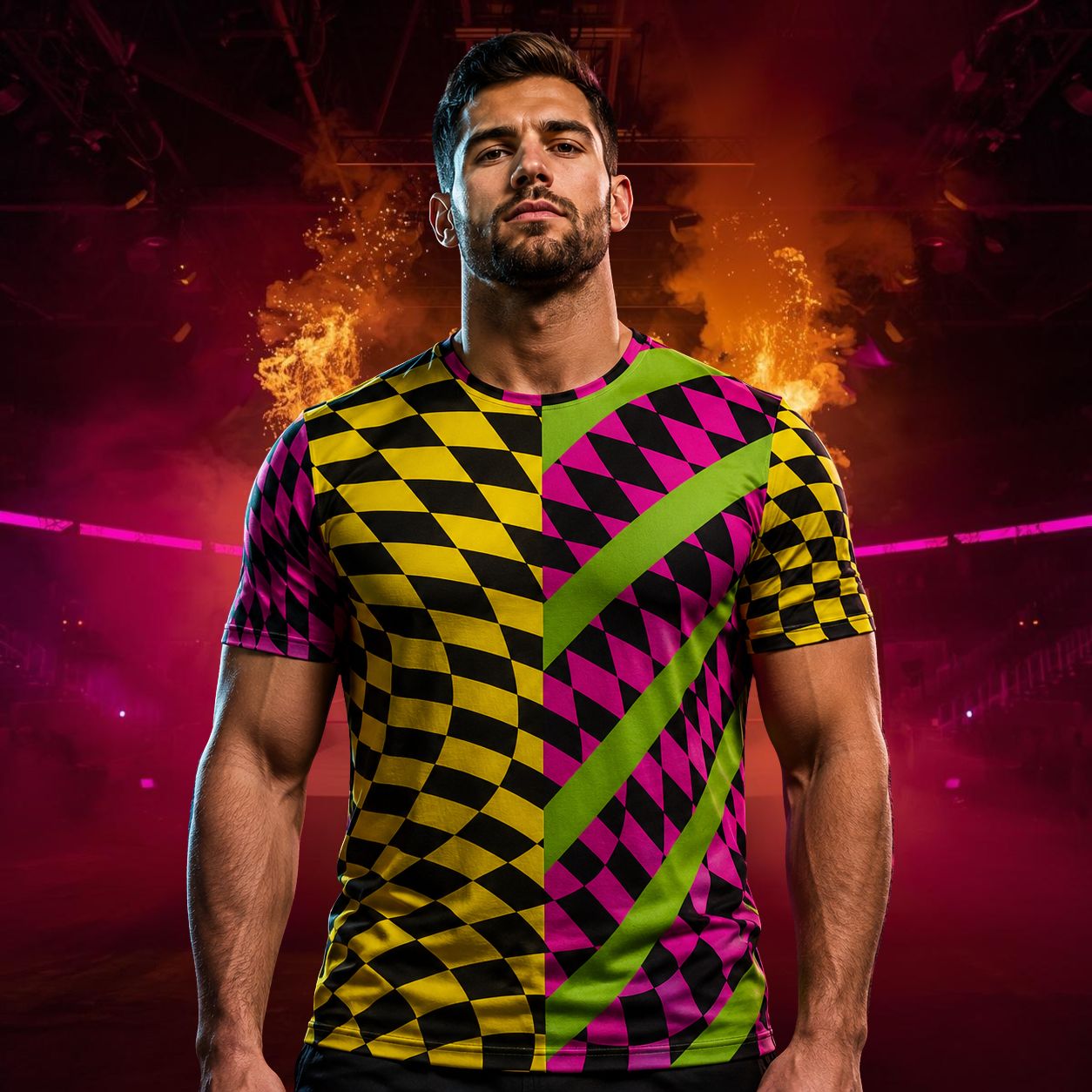 Man wearing a colorful geometric-patterned shirt against a vibrant background