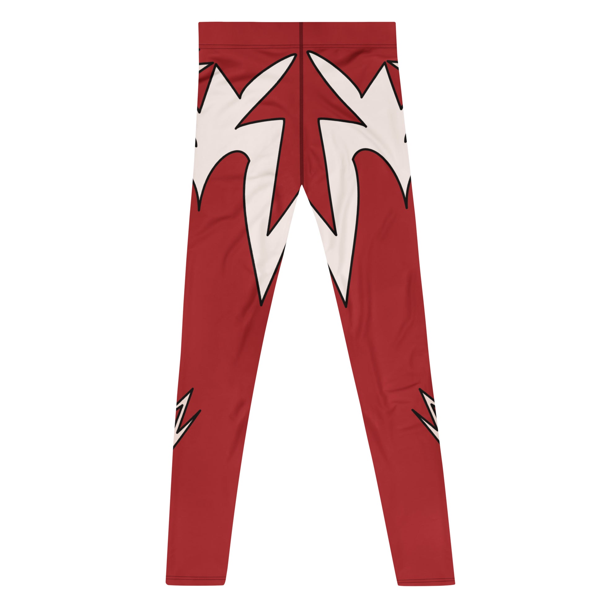 Red compression wrestling tights with white lightning graphics. Back view of wrestler pants lying flat