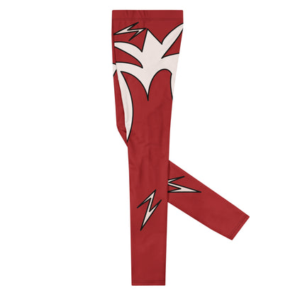 Red compression wrestling leggings with white lightning graphics. Flat view showing lightning bolts.