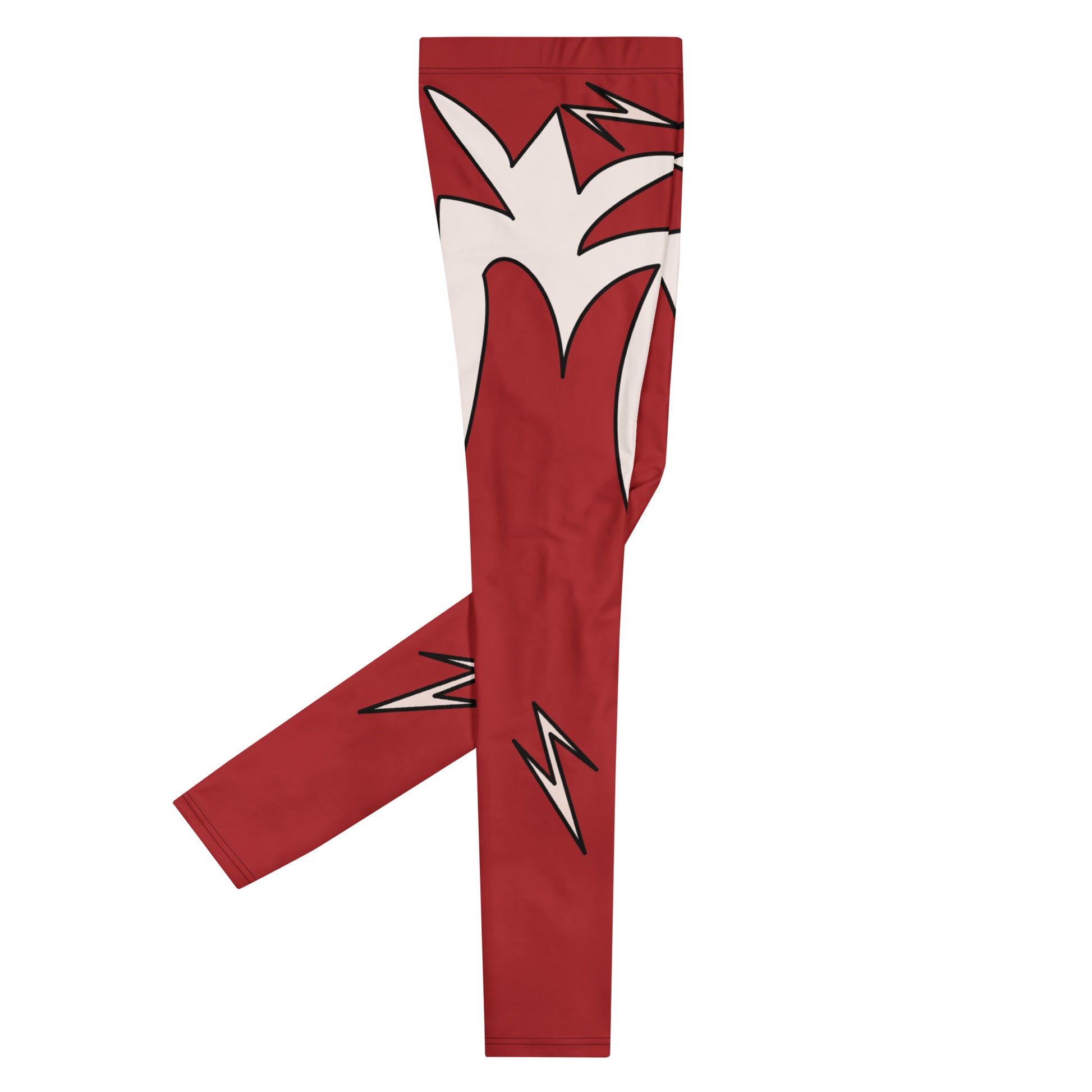 Red compression wrestling tights with white lightning graphics. Flat view showing lightning bolts