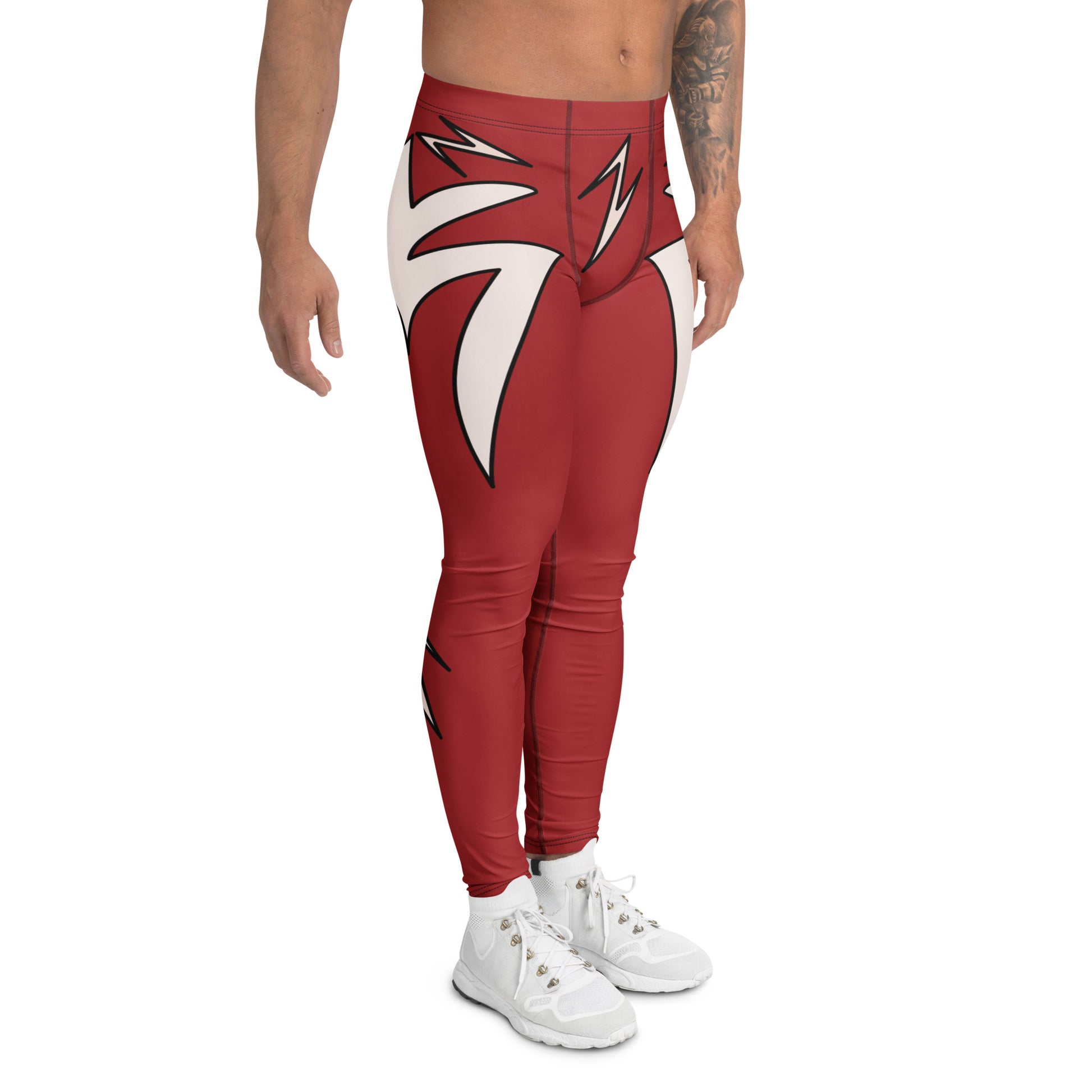 Red compression wrestling pants with white lightning graphics