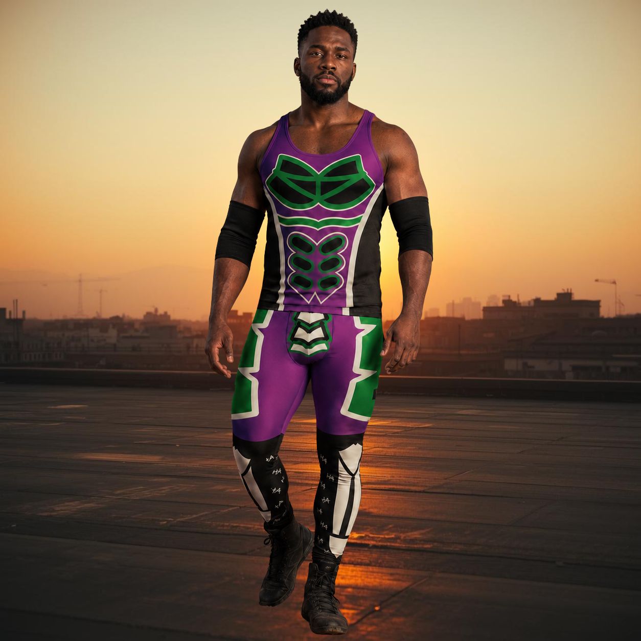Person wearing a purple and green luchador wrestling outfit on a Mexican rooftop at sunset.