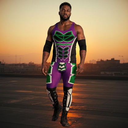 Person wearing a purple and green luchador wrestling outfit on a Mexican rooftop at sunset.