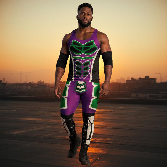 Person wearing a purple and green luchador wrestling outfit on a Mexican rooftop at sunset.