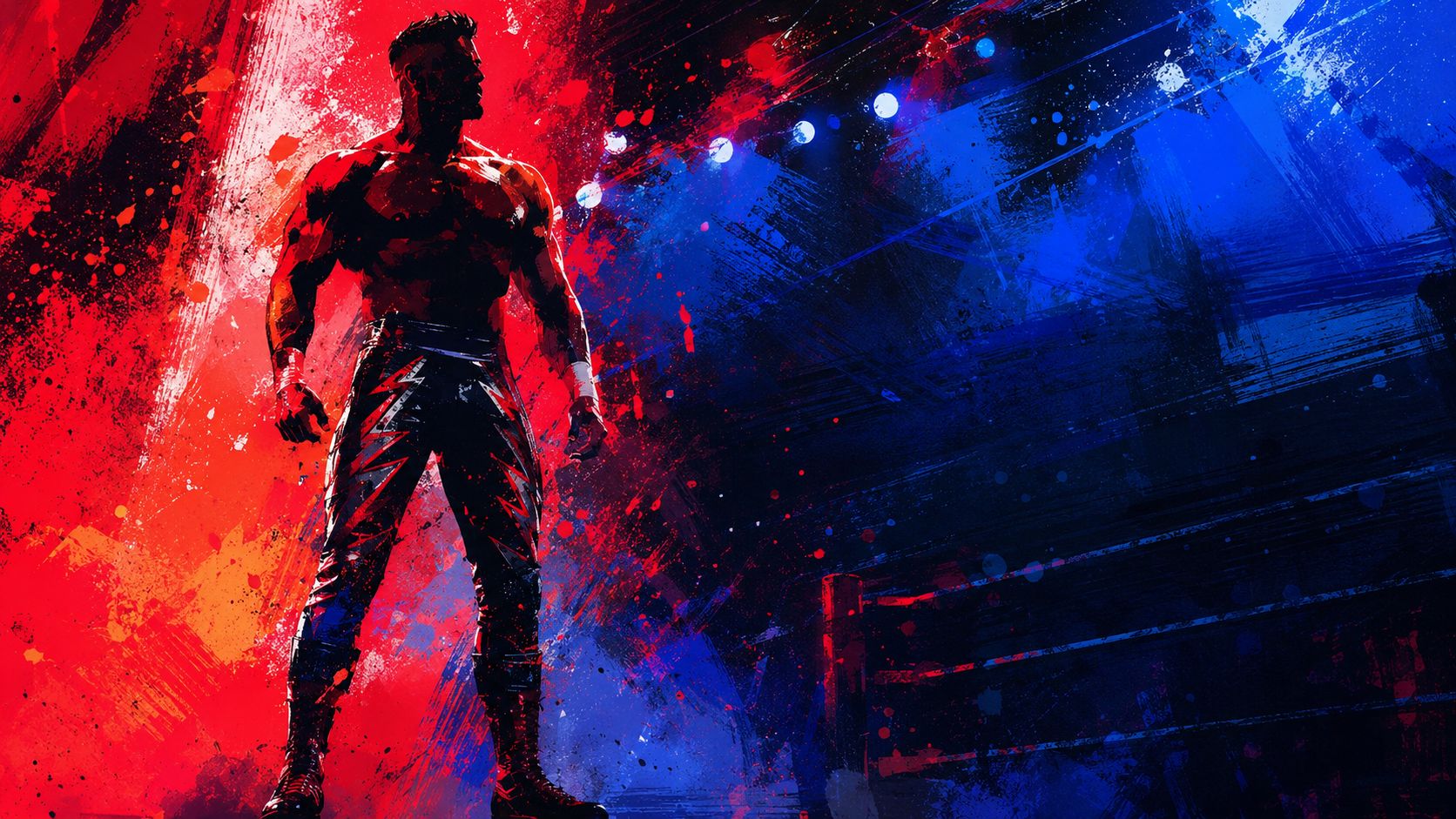 
                Ring de lucha iluminado con focos rojos y blancos
              