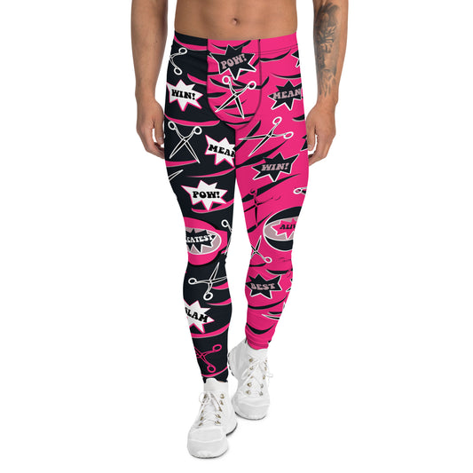 Men's professional wrestling pants in alternate pink and black with a fun dramatic pattern of scissors and slashes for Halloween cosplay. Cartoon bleepers such as Greatest and Alive. Ankle length, elastic waist in mid size. Spandex leggings