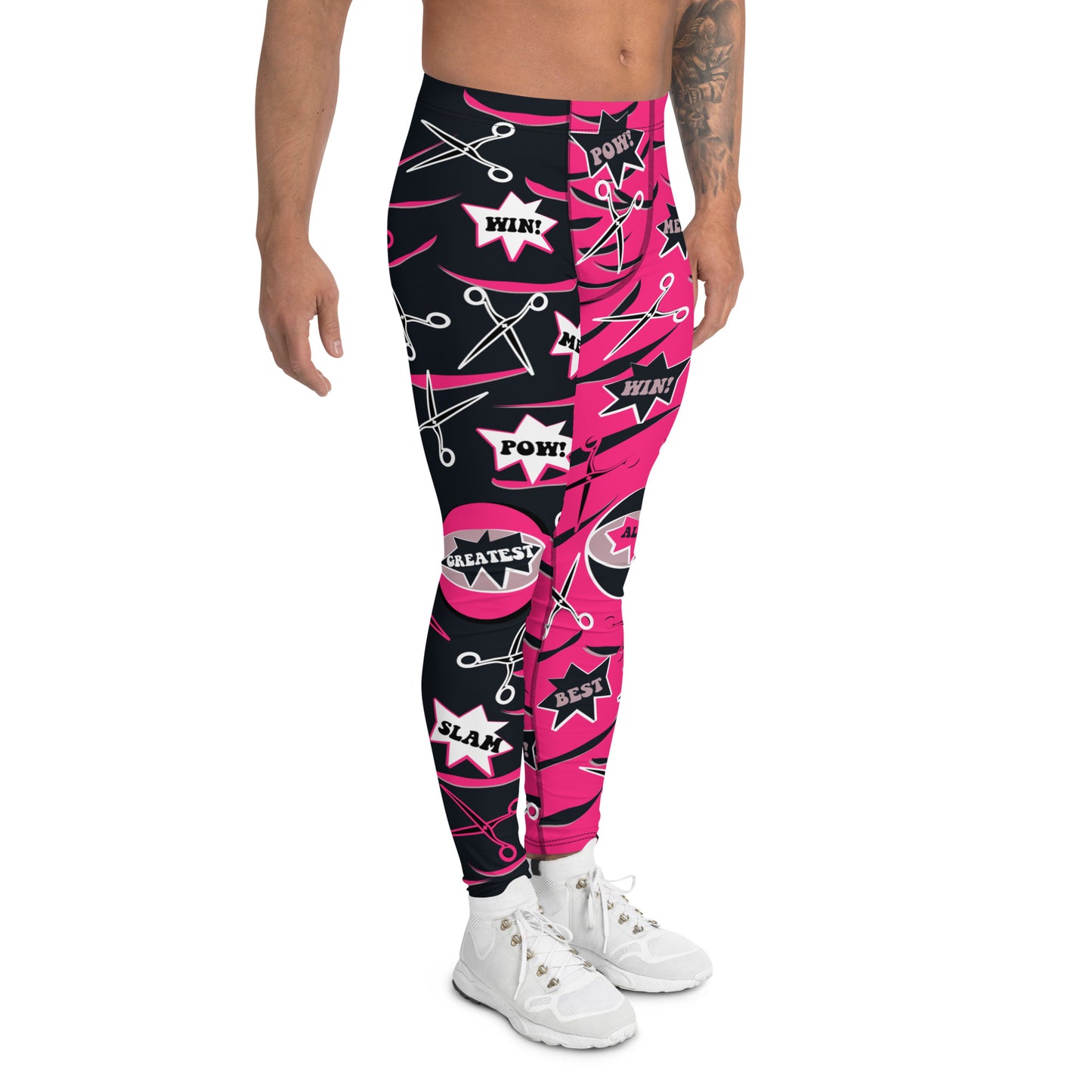 Men's professional wrestling pants in alternate pink and black with a fun dramatic pattern of scissors and slashes for Halloween cosplay. Cartoon bleepers such as Greatest and Alive. Ankle length, elastic waist in mid size. Spandex leggings