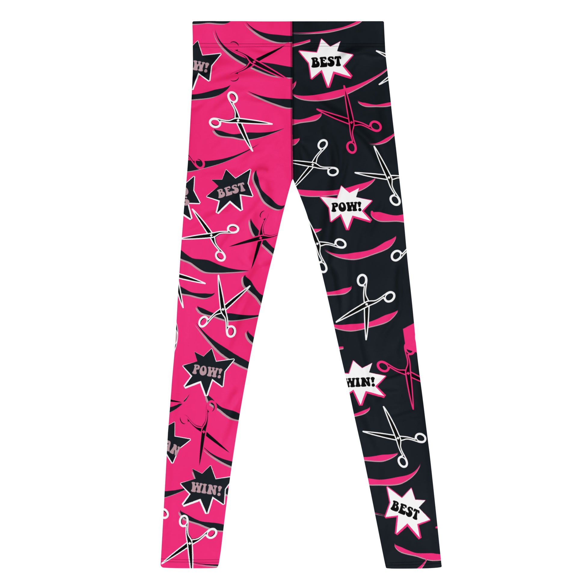 Men's professional wrestling pants in alternate pink and black with a fun dramatic pattern of scissors and slashes for Halloween cosplay. Cartoon bleepers such as Greatest and Alive. Ankle length, elastic waist in mid size. Spandex leggings