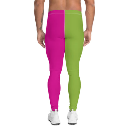 Men's pro wrestling tights in pink and green zigzags in alternative insets on each ankle length leg. Mid rise waistband, elasticated. Vibrant fashion meggings, rave outfit, festival gear.