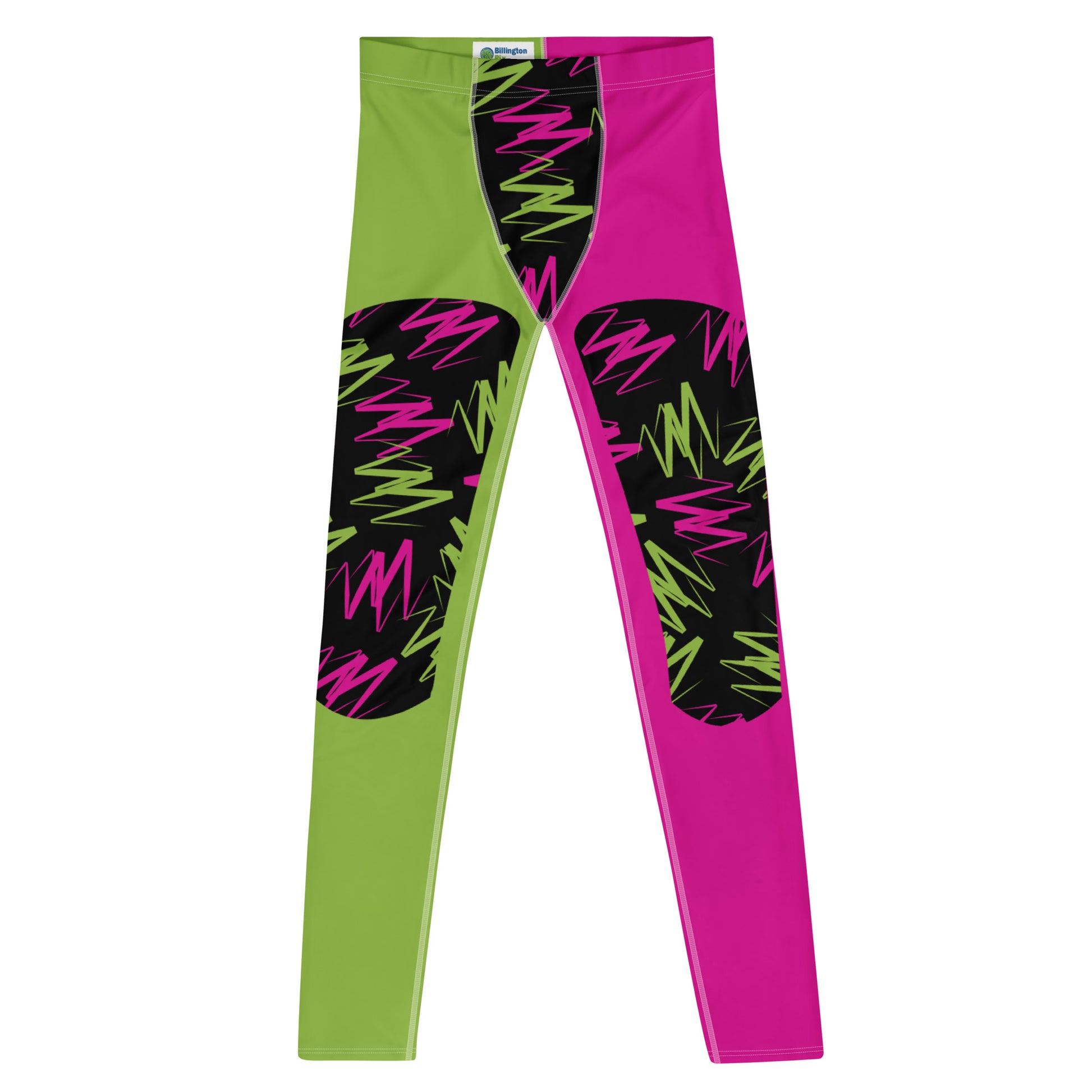 Men's pro wrestling tights in pink and green zigzags in alternative insets on each ankle length leg. Mid rise waistband, elasticated. Vibrant fashion meggings, rave outfit, festival gear.