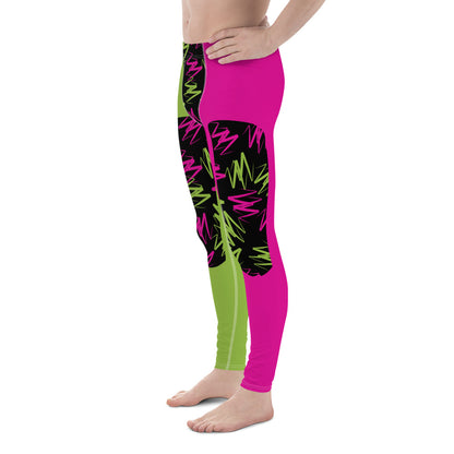 Men's pro wrestling tights in pink and green zigzags in alternative insets on each ankle length leg. Mid rise waistband, elasticated. Vibrant fashion meggings, rave outfit, festival gear.