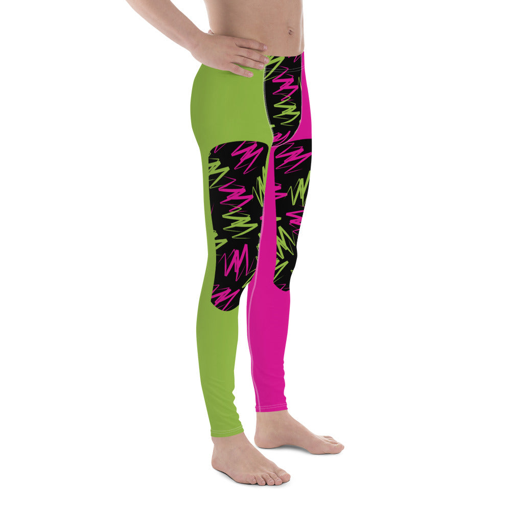 Men's pro wrestling tights in pink and green zigzags in alternative insets on each ankle length leg. Mid rise waistband, elasticated. Vibrant fashion meggings, rave outfit, festival gear.