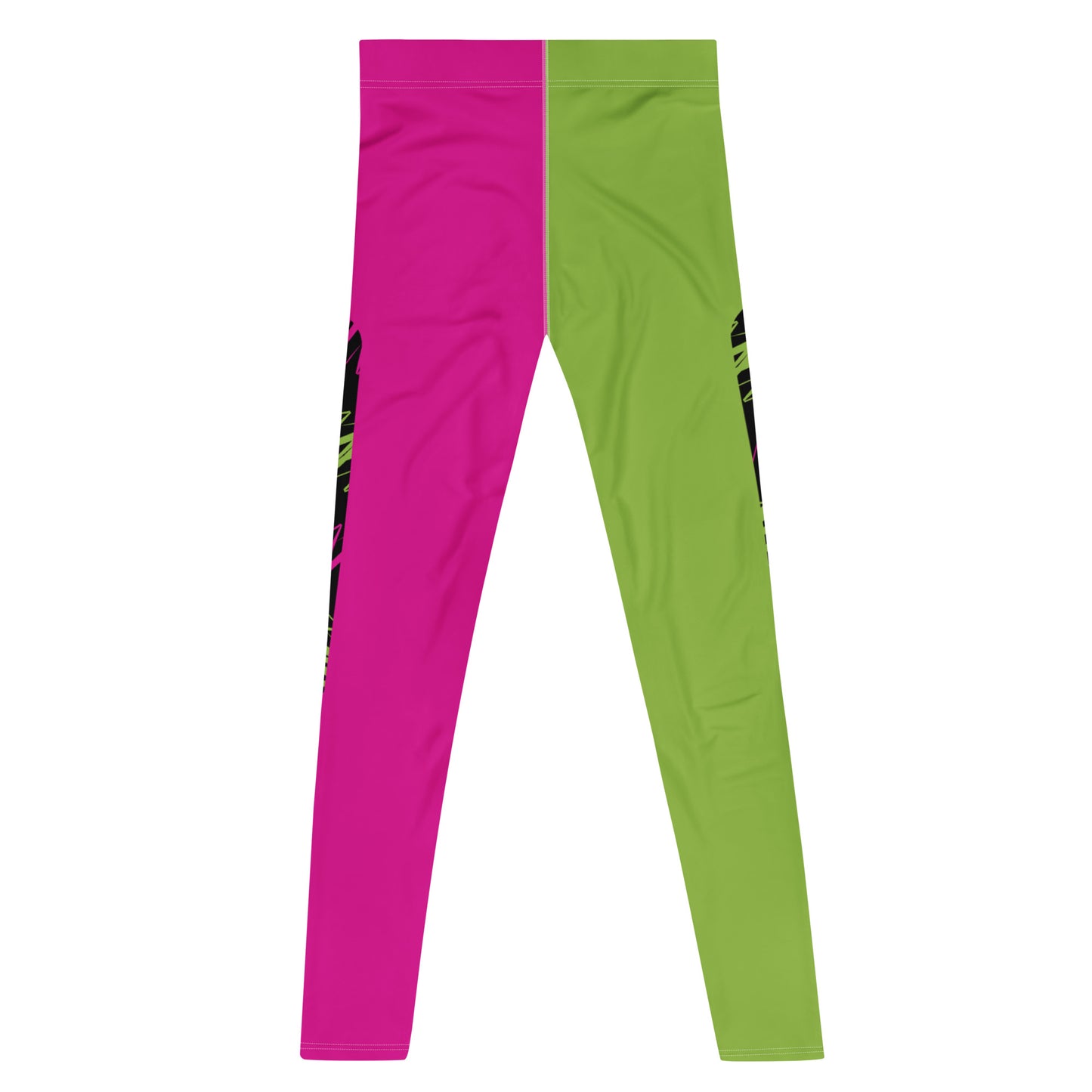 Men's pro wrestling tights in pink and green zigzags in alternative insets on each ankle length leg. Mid rise waistband, elasticated. Vibrant fashion meggings, rave outfit, festival gear.