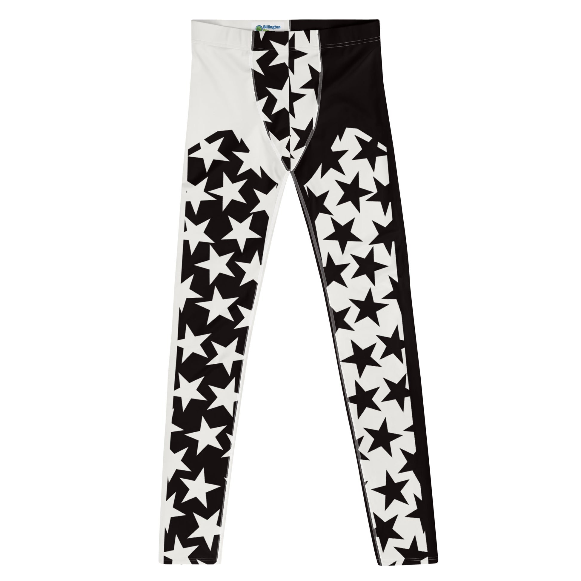 Men's leggings in black and white with inset alternate stars at the front. Pro wrestling tights, NFL American football gear or festival rave outfit with ankle length legs and mid rise elasticated waist band.