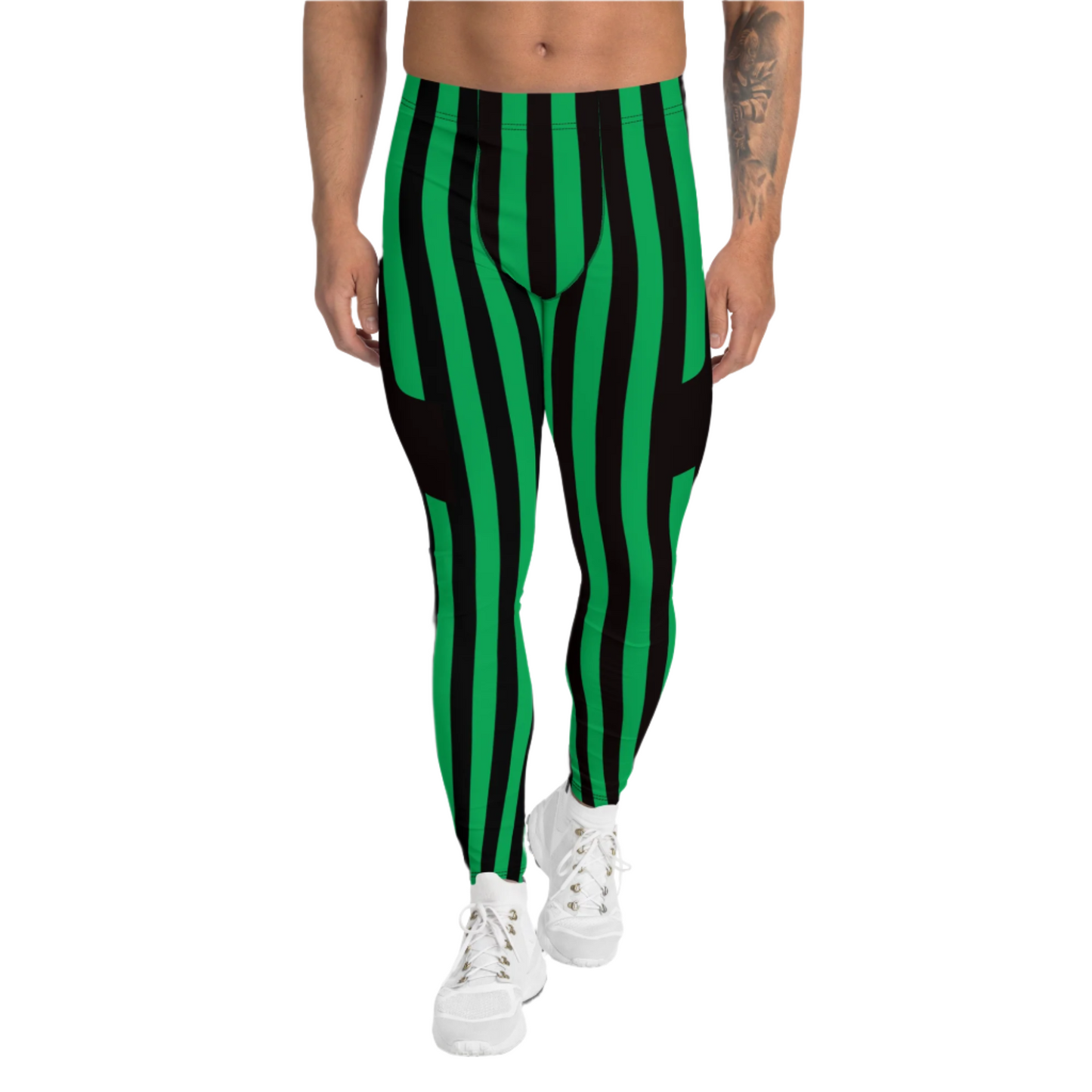 Stripy mens leggings in pro wrestling tights style. Green and black stripes. Cosplay meggings with ankle length and mid rise elastic waistband.