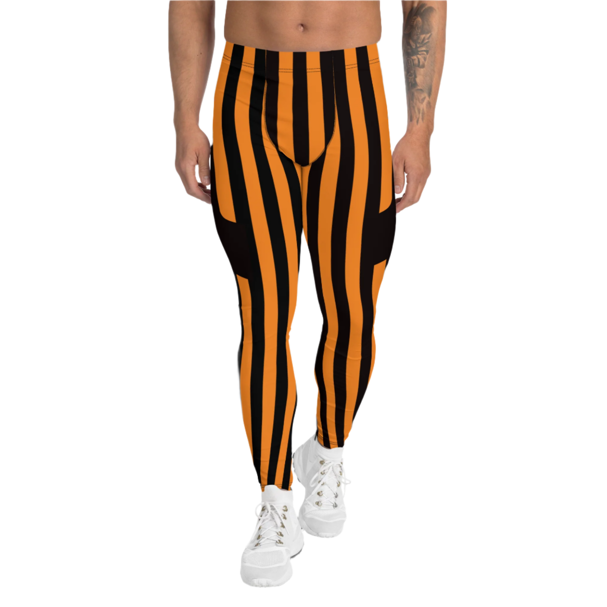 Stripy mens leggings in pro wrestling tights style. Orange and black stripes. Cosplay meggings with ankle length and mid rise elastic waistband.