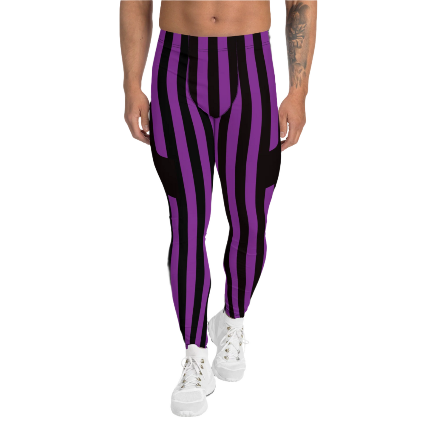 Stripy mens leggings in pro wrestling tights style. Purple and black stripes. Cosplay meggings with ankle length and mid rise elastic waistband.