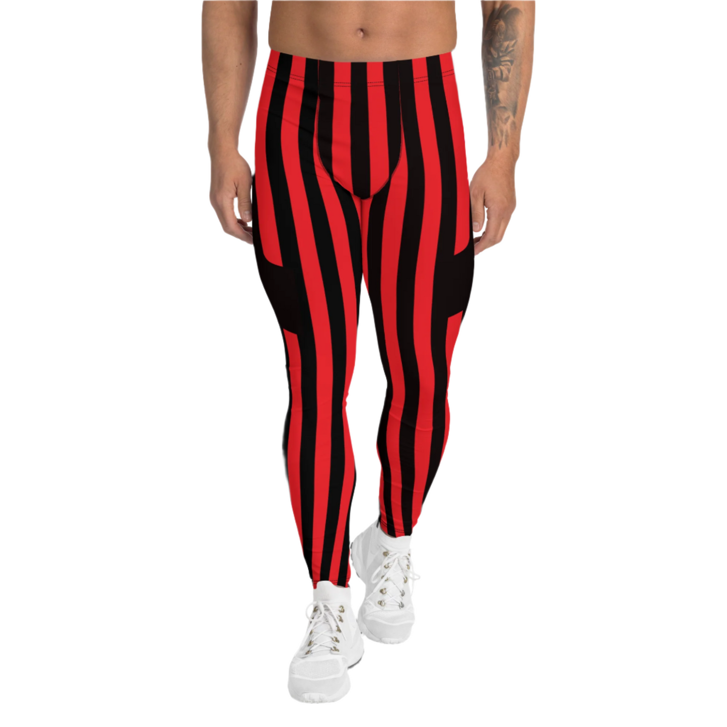 Stripy mens leggings in pro wrestling tights style. Red and black stripes. Cosplay meggings with ankle length and mid rise elastic waistband.