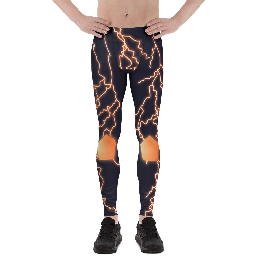 Thunder Jack leggings – yellow white lightning with magenta halo, Overload Strikes design (front view).