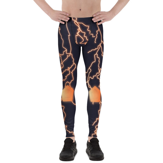 Thunder Jack leggings – yellow white lightning with magenta halo, Overload Strikes design (front view).