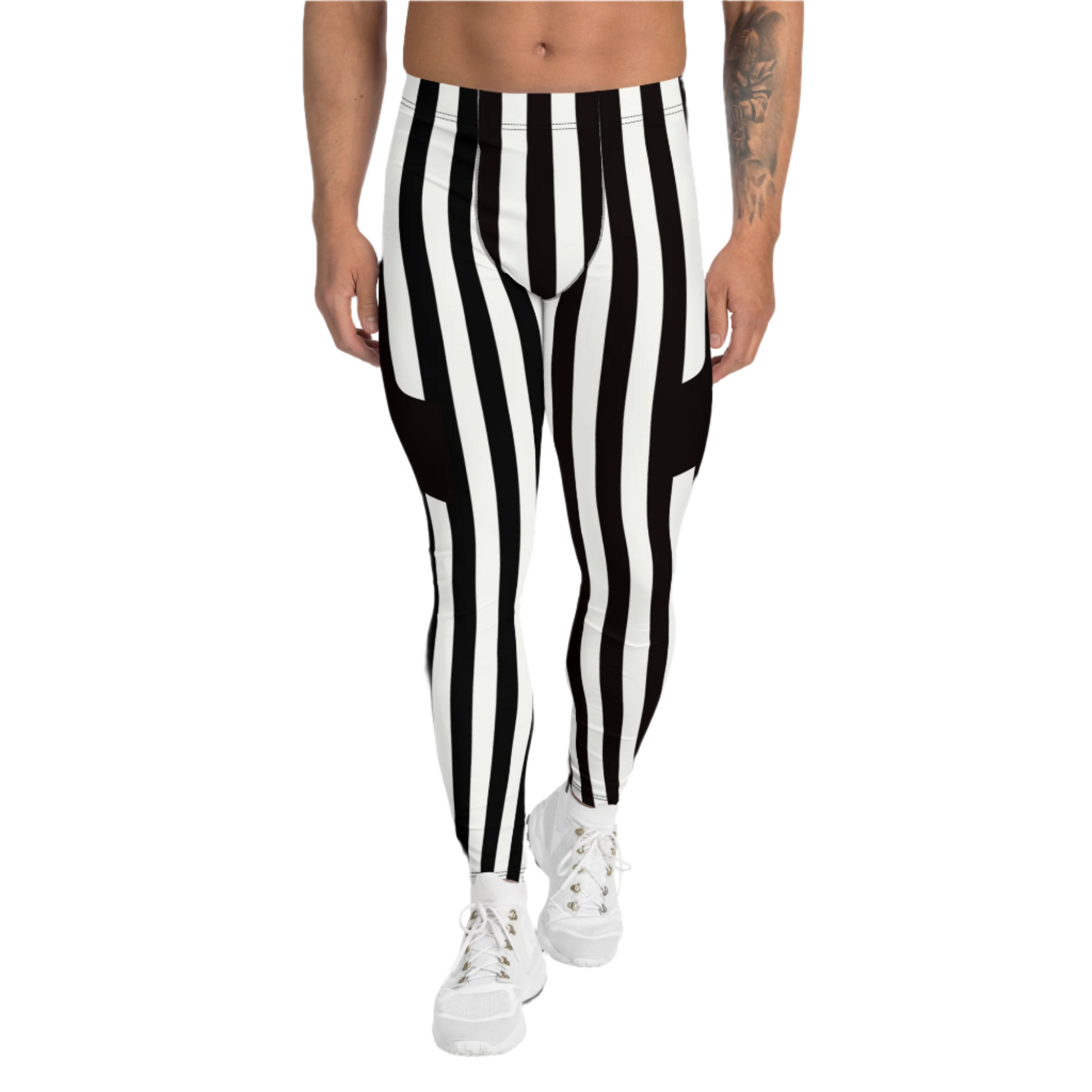 Stripy mens leggings in pro wrestling tights style. White and black stripes. Cosplay meggings with ankle length and mid rise elastic waistband.