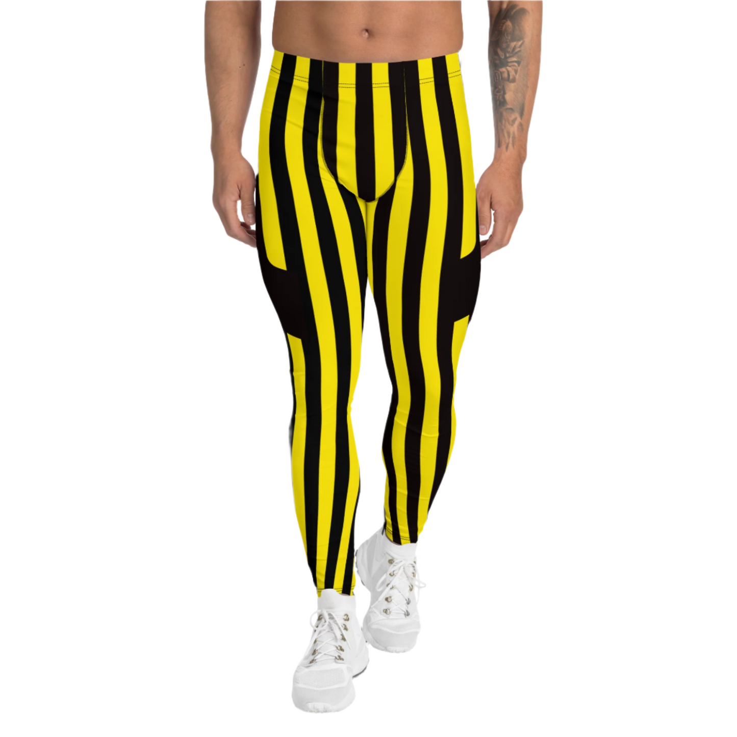 Stripy mens leggings in pro wrestling tights style. Yellow and black stripes. Cosplay meggings with ankle length and mid rise elastic waistband.