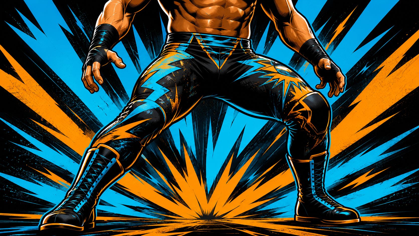 Illustrated lucha wrestler in bold pop-art style, blue and orange