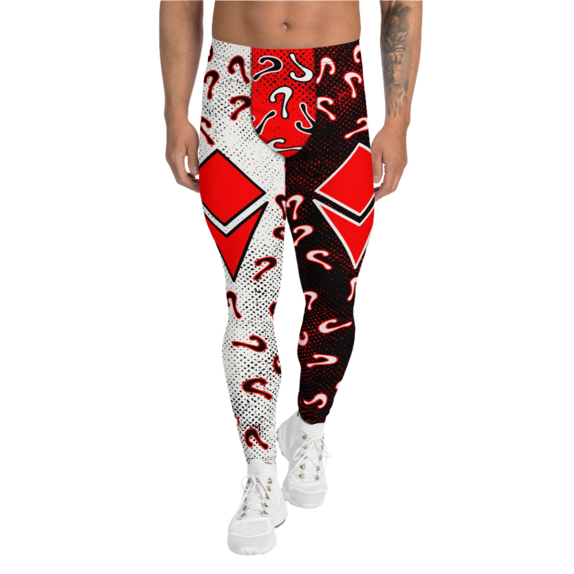 Retro diamond and questions pro-wrestling style leggings for men. Red, black and white in an anime cartoon style. 