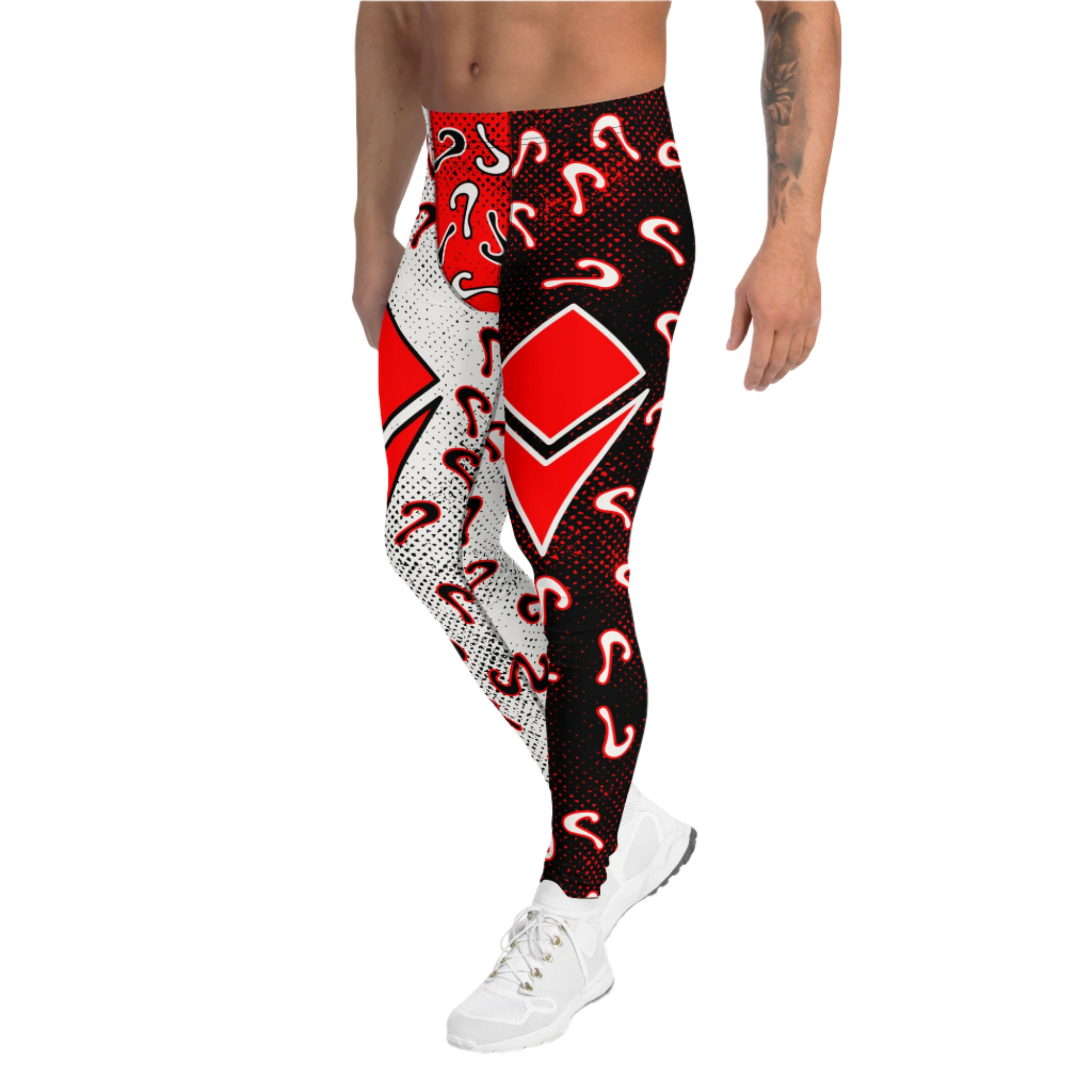 Retro diamond and questions pro-wrestling style leggings for men. Black, red and white in an anime cartoon style. 