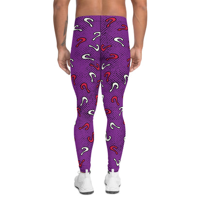 Retro diamond and questions pro-wrestling style leggings for men. Purple, red and white in an anime cartoon style. 