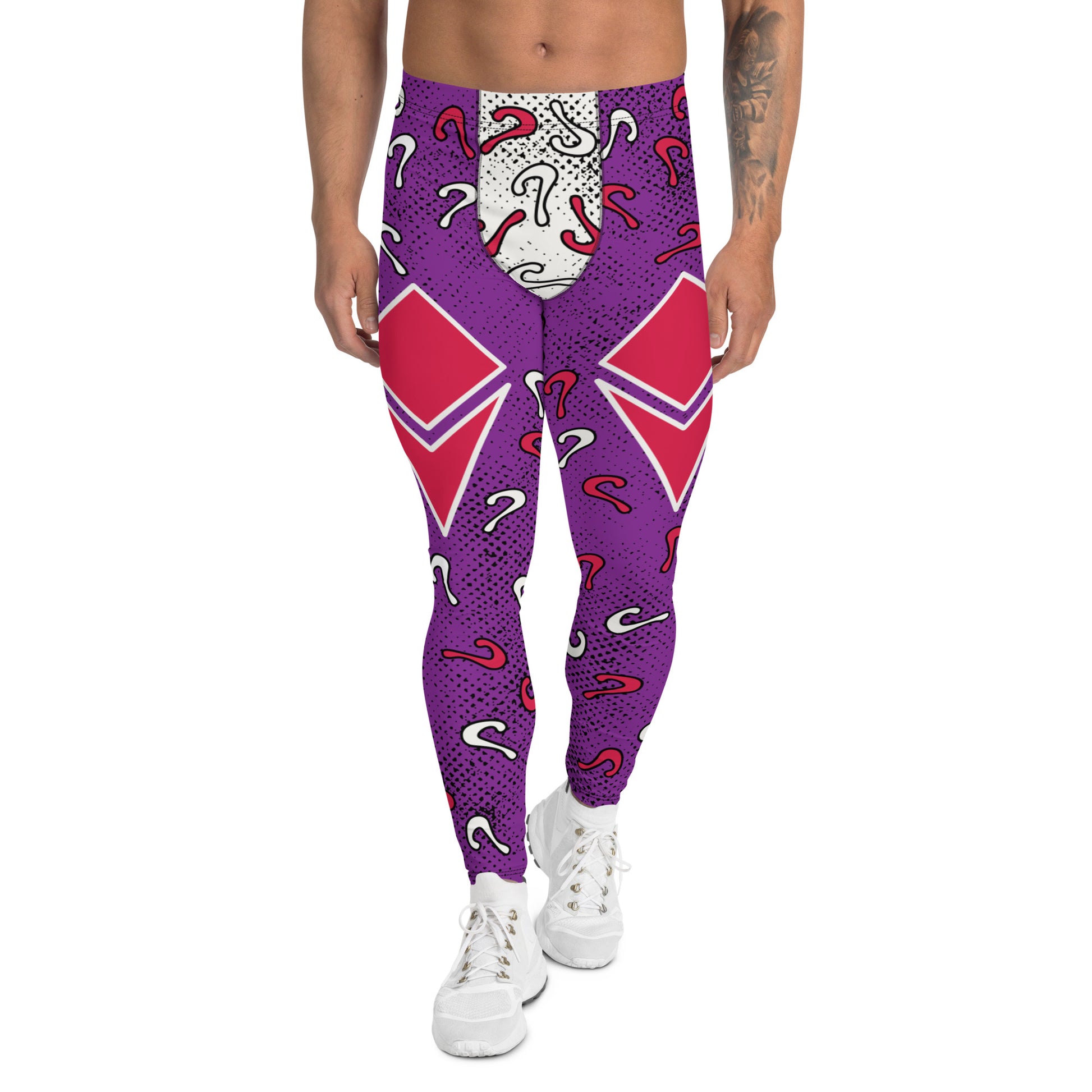 Retro diamond and questions pro-wrestling style leggings in Mexican Lucha Libre style for men. Purple, red and white in an anime cartoon style. 