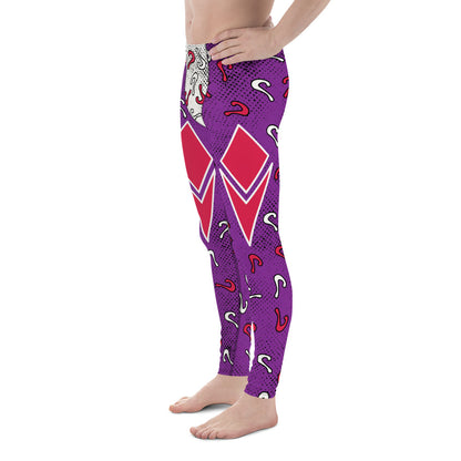 Retro diamond and questions pro-wrestling style leggings for men. Purple, red and white in an anime cartoon style. 