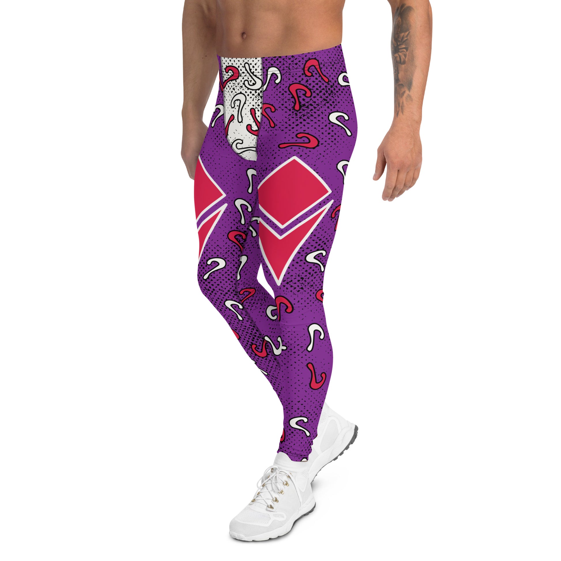 Retro diamond and questions Lucha Libre style pro-wrestling style leggings for men. Purple, red and white in an anime cartoon style. 