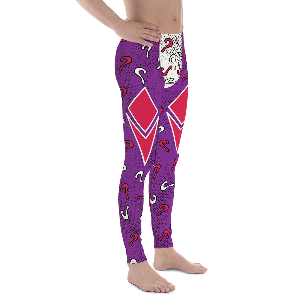 Retro diamond and questions pro-wrestling style leggings for men. Purple, red and white in an anime cartoon style. 