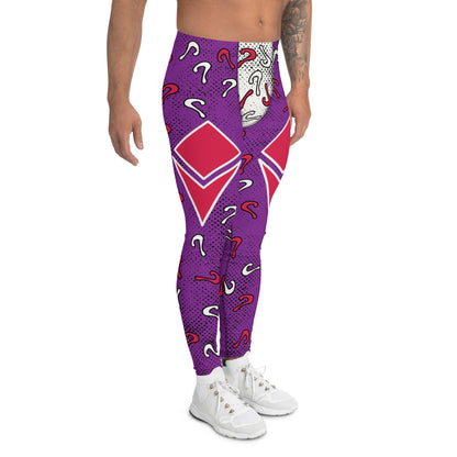 Retro diamond and questions pro-wrestling style leggings for men. Purple, red and white in an anime cartoon style. 