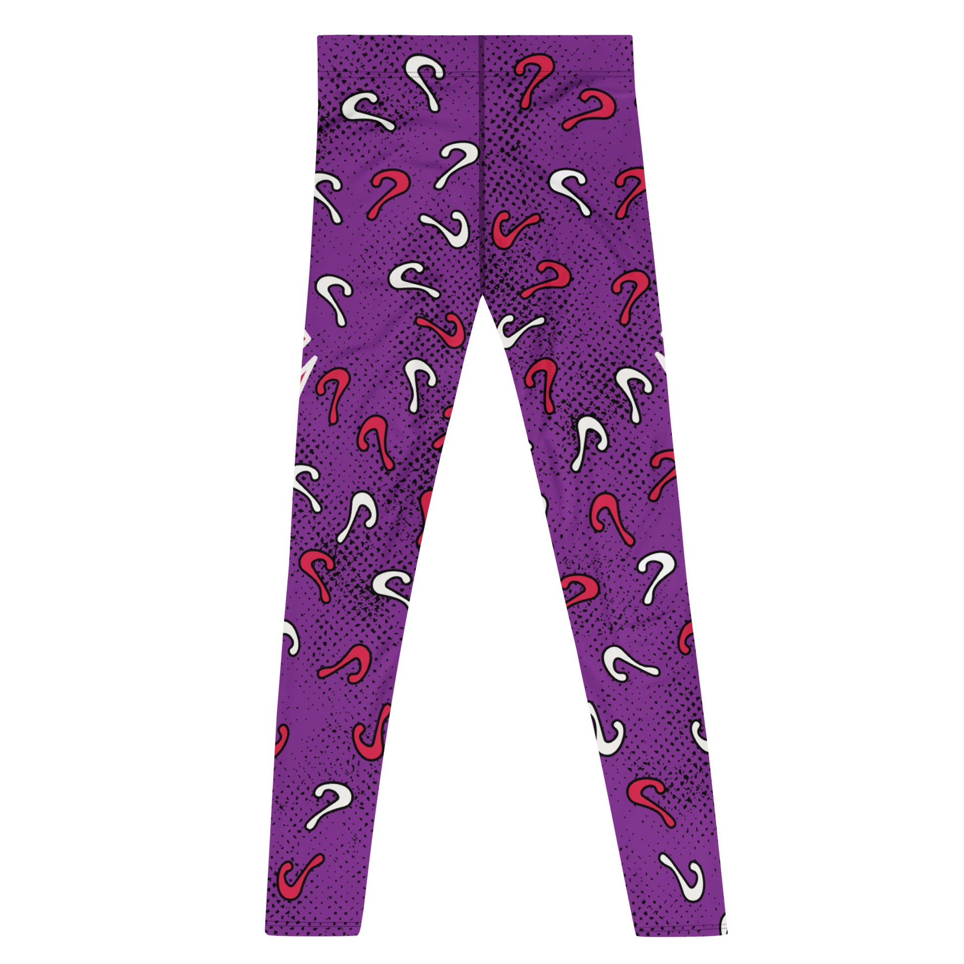 Retro diamond and questions pro-wrestling style leggings for men. Purple, red and white in an anime cartoon style. 