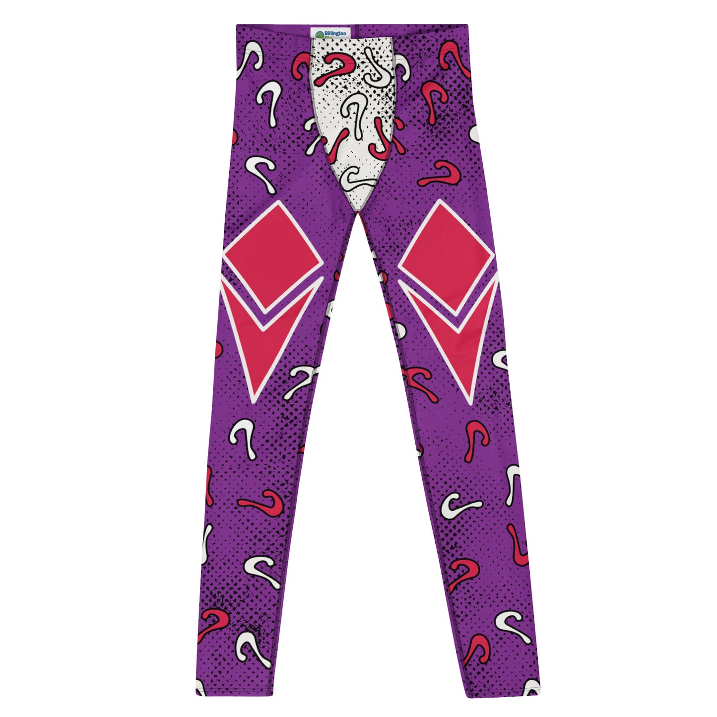 Retro diamond and questions pro-wrestling style leggings for men. Purple, red and white in an anime cartoon style. 