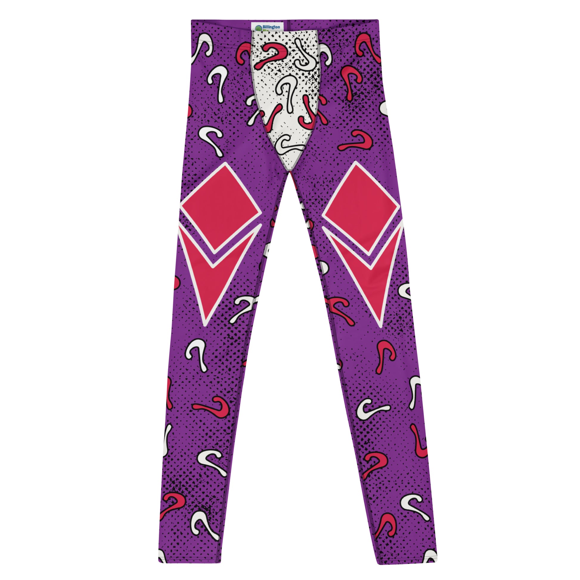 Retro diamond and questions pro-wrestling style leggings for men. Purple, red and white in an anime cartoon style. 