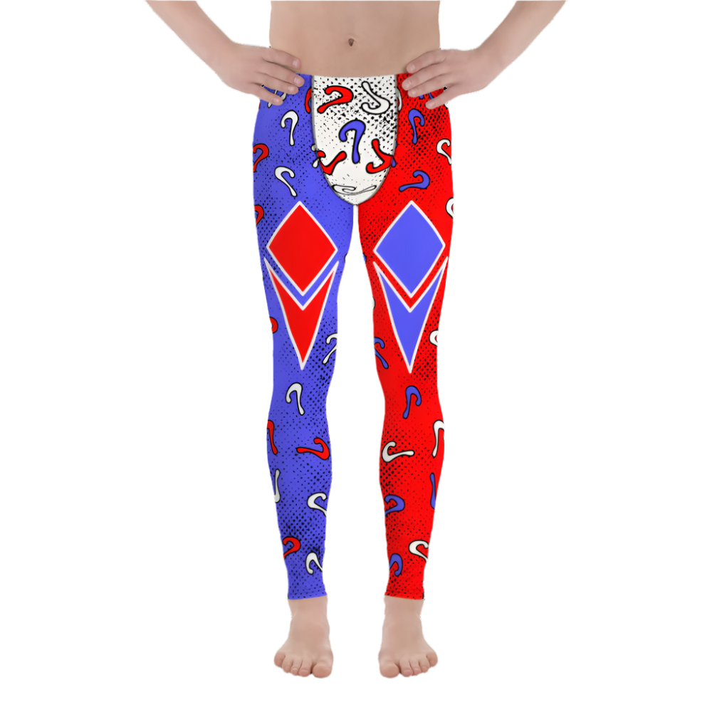 Retro diamond and questions pro-wrestling style leggings for men. Blue, red and white in an anime cartoon style. 