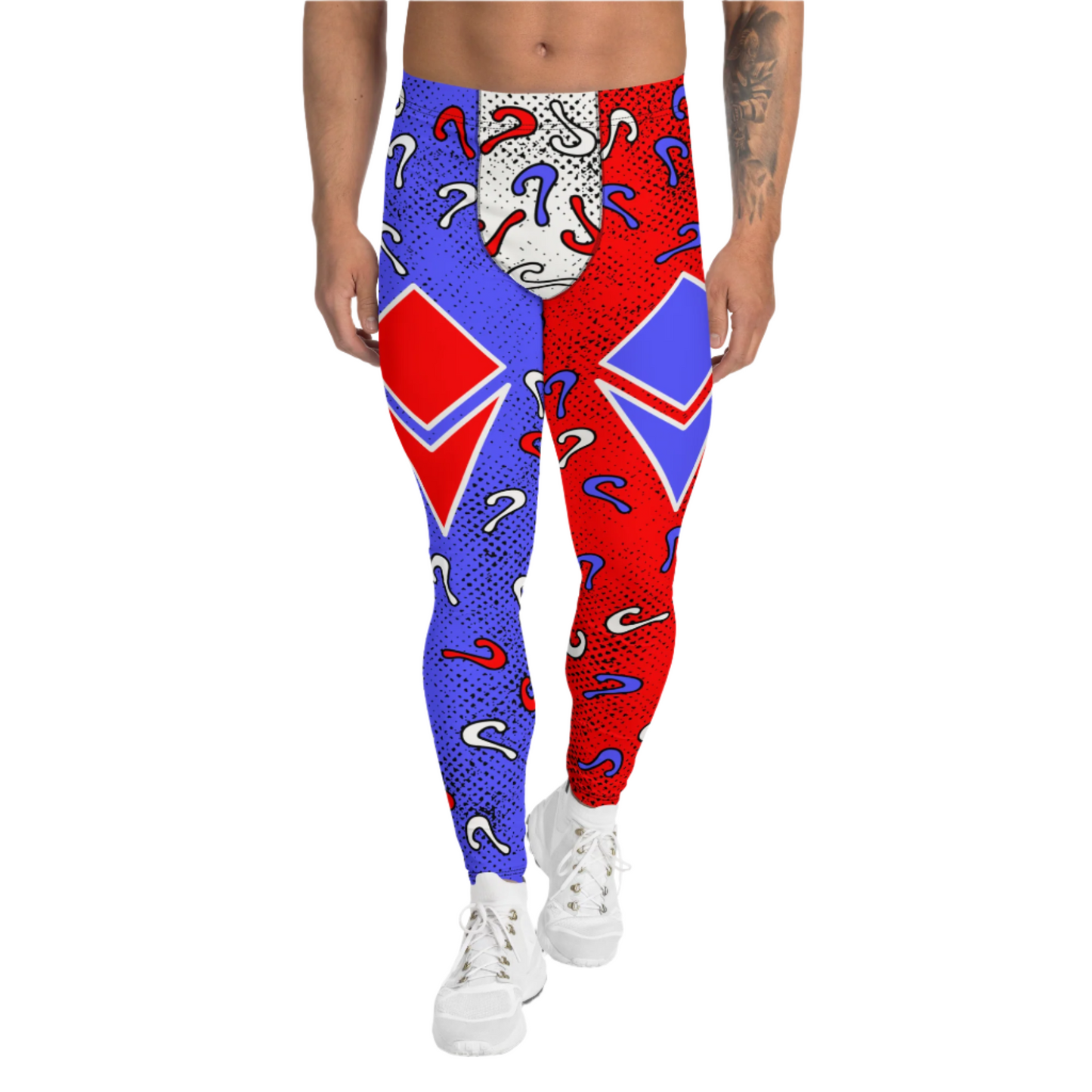 Retro diamond and questions pro-wrestling style leggings for men. Red and white in an anime cartoon style. 