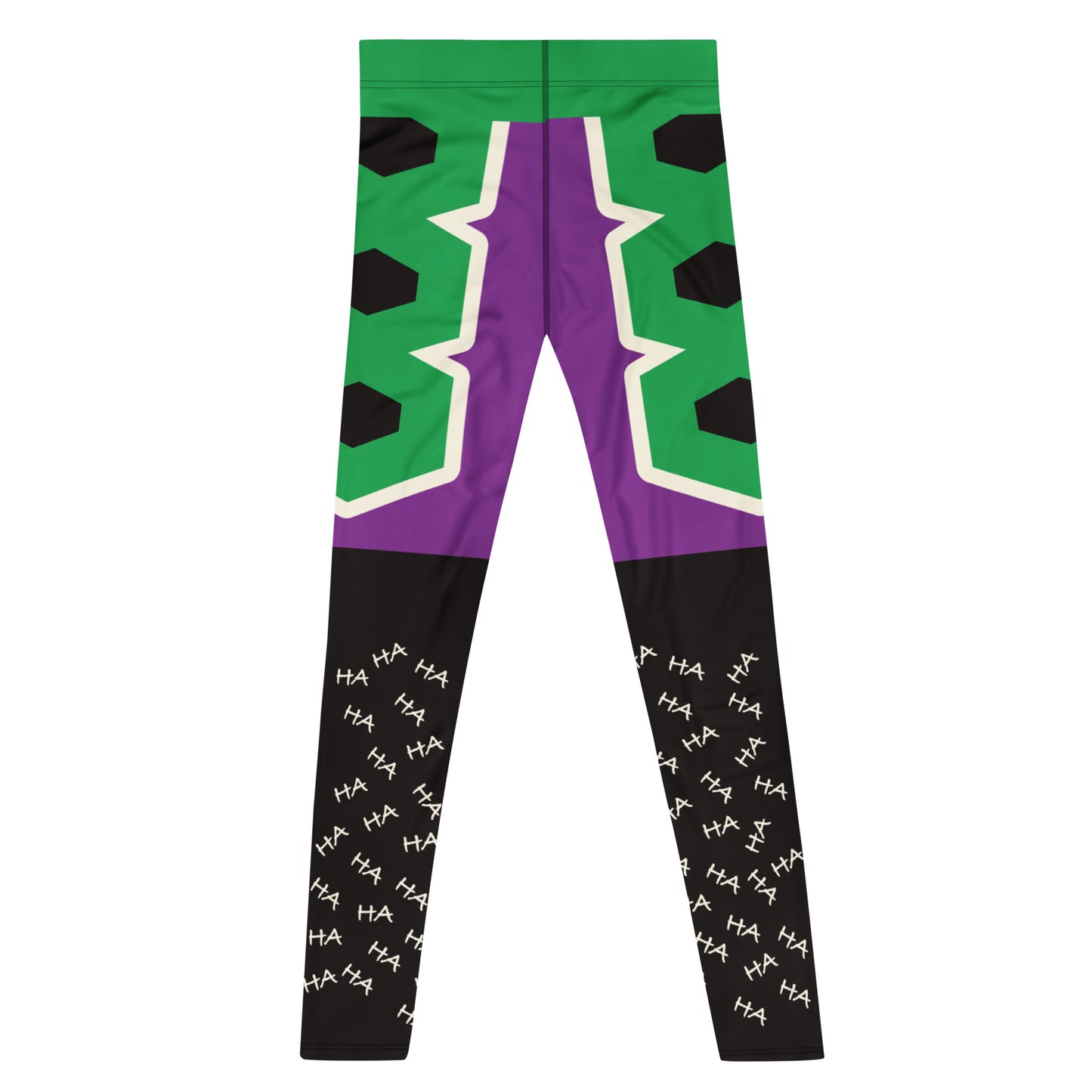 Men’s purple and green villain-style wrestling leggings with bold armour graphic design with haha on the legs and bold geometric shapes