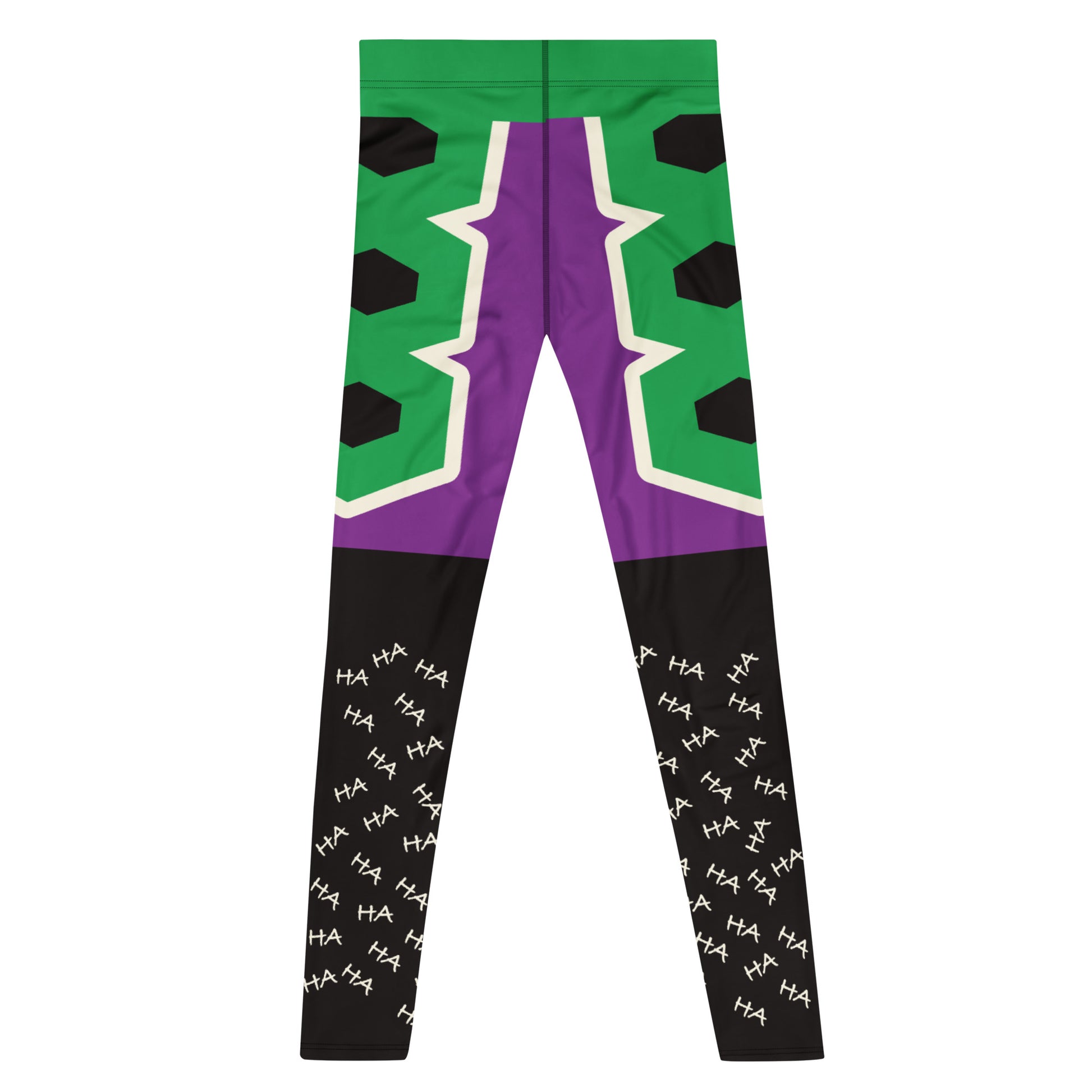 Men’s purple and green villain-style wrestling leggings with bold armour graphic design with haha on the legs and bold geometric shapes