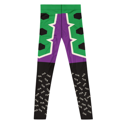 Men’s purple and green villain-style wrestling leggings with bold armour graphic design with haha on the legs and bold geometric shapes
